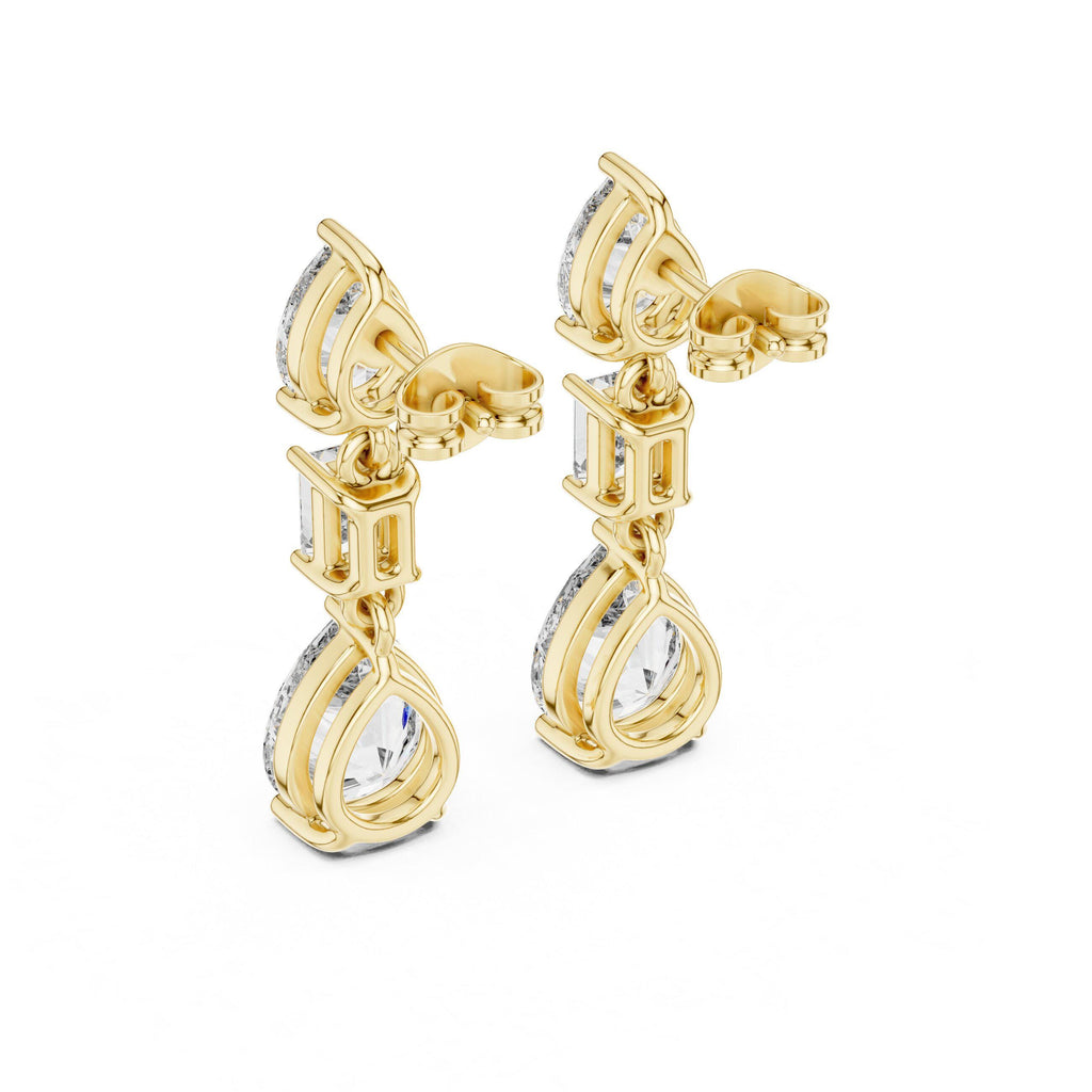 Pear & Emerald-Cut Moissanite Three-Stone Drop Earrings – 925 Sterling Silver, 18K Gold Vermeil
