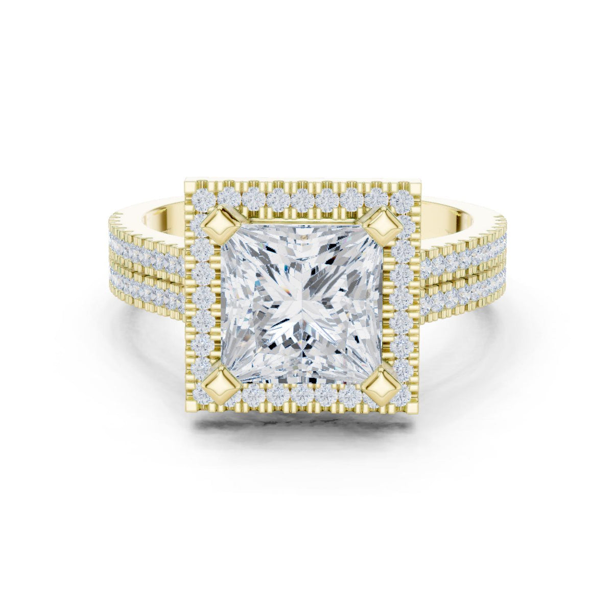 Princess-Cut Moissanite Halo Ring with Triple-Row Pavé Band – 925 Sterling Silver, 18K Gold Vermeil