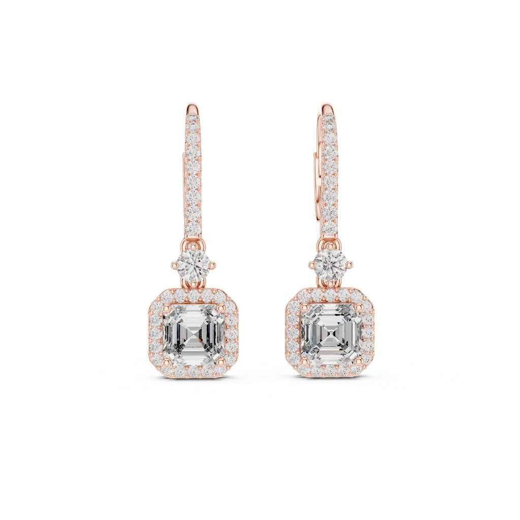 Asscher-Cut Moissanite Halo Drop Earrings – 925 Sterling Silver, 18K Gold Vermeil
