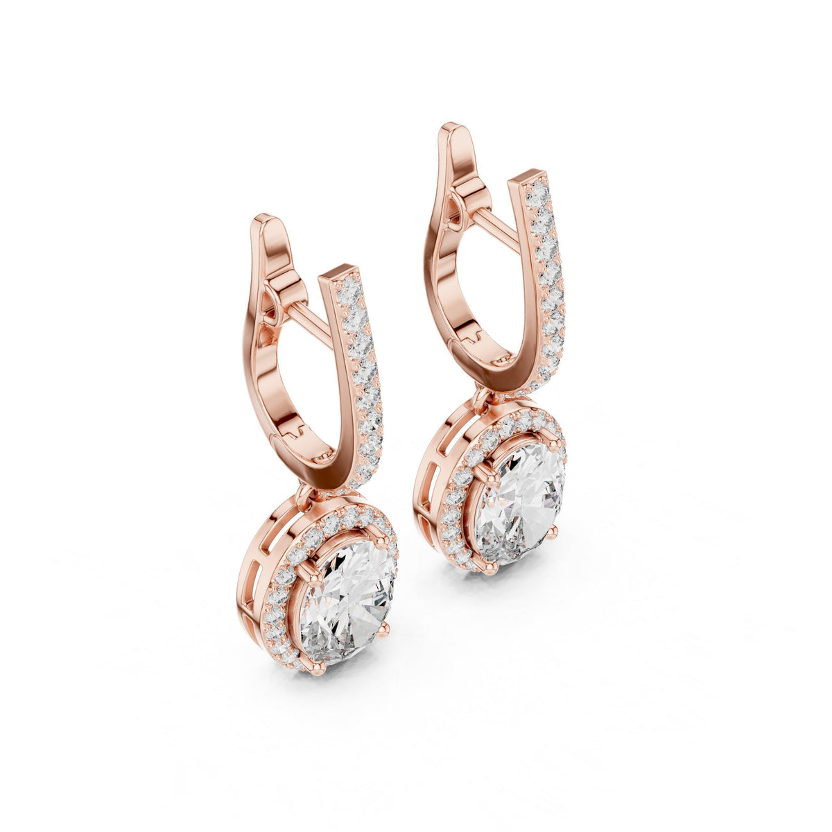 Oval Moissanite Halo Lever Drop Earrings – 925 Sterling Silver, 18K Gold Vermeil