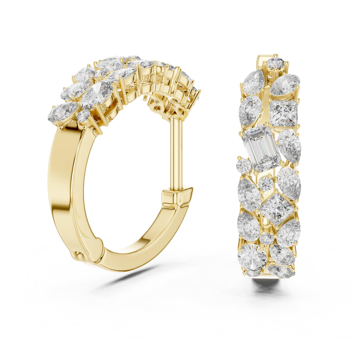 Mixed-Cut Moissanite Cluster Hoop Earrings – 925 Sterling Silver, 18K Gold Vermeil