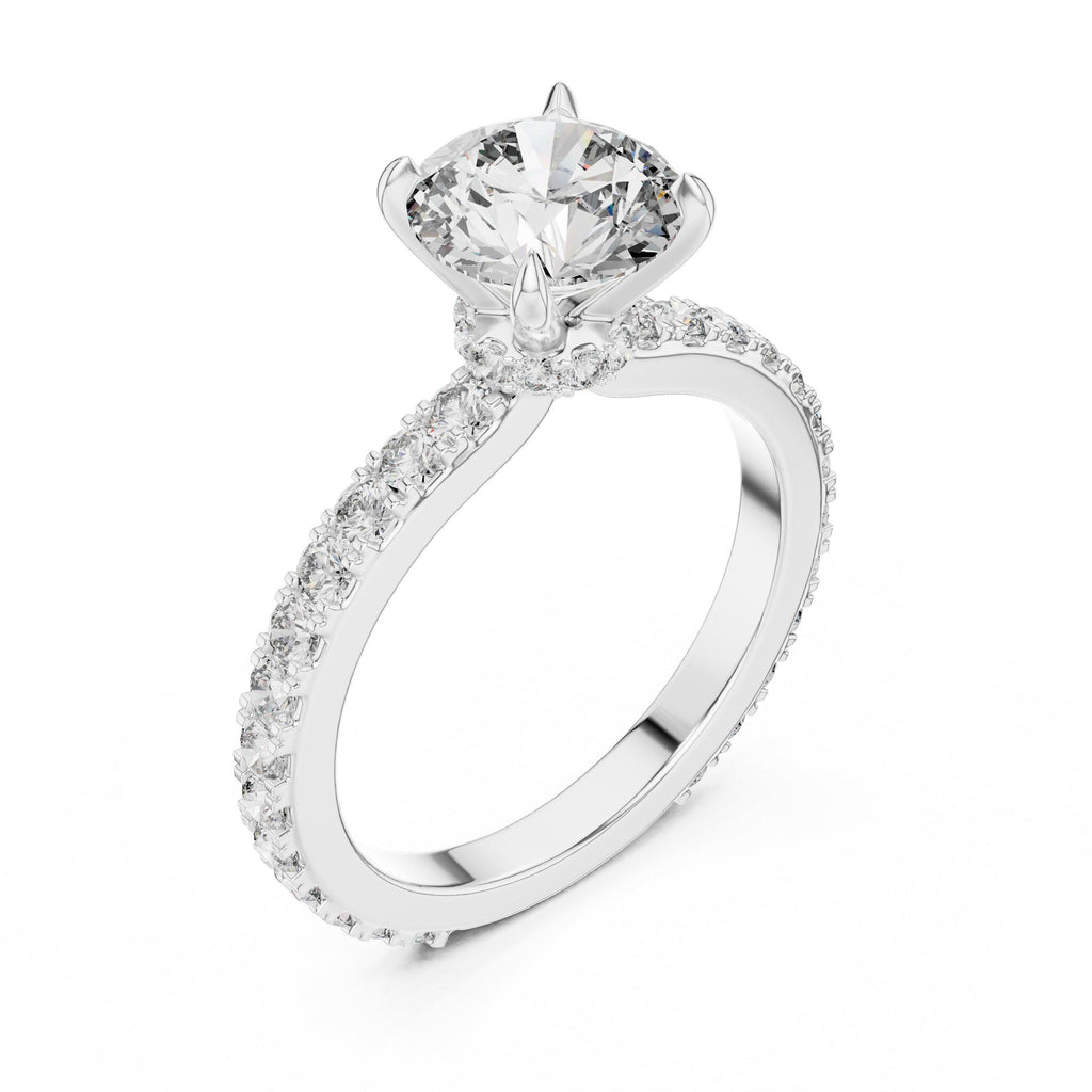 Round Moissanite Solitaire Ring with Pavé Band, Four-Prong – 925 Sterling Silver, 18K Gold Vermeil