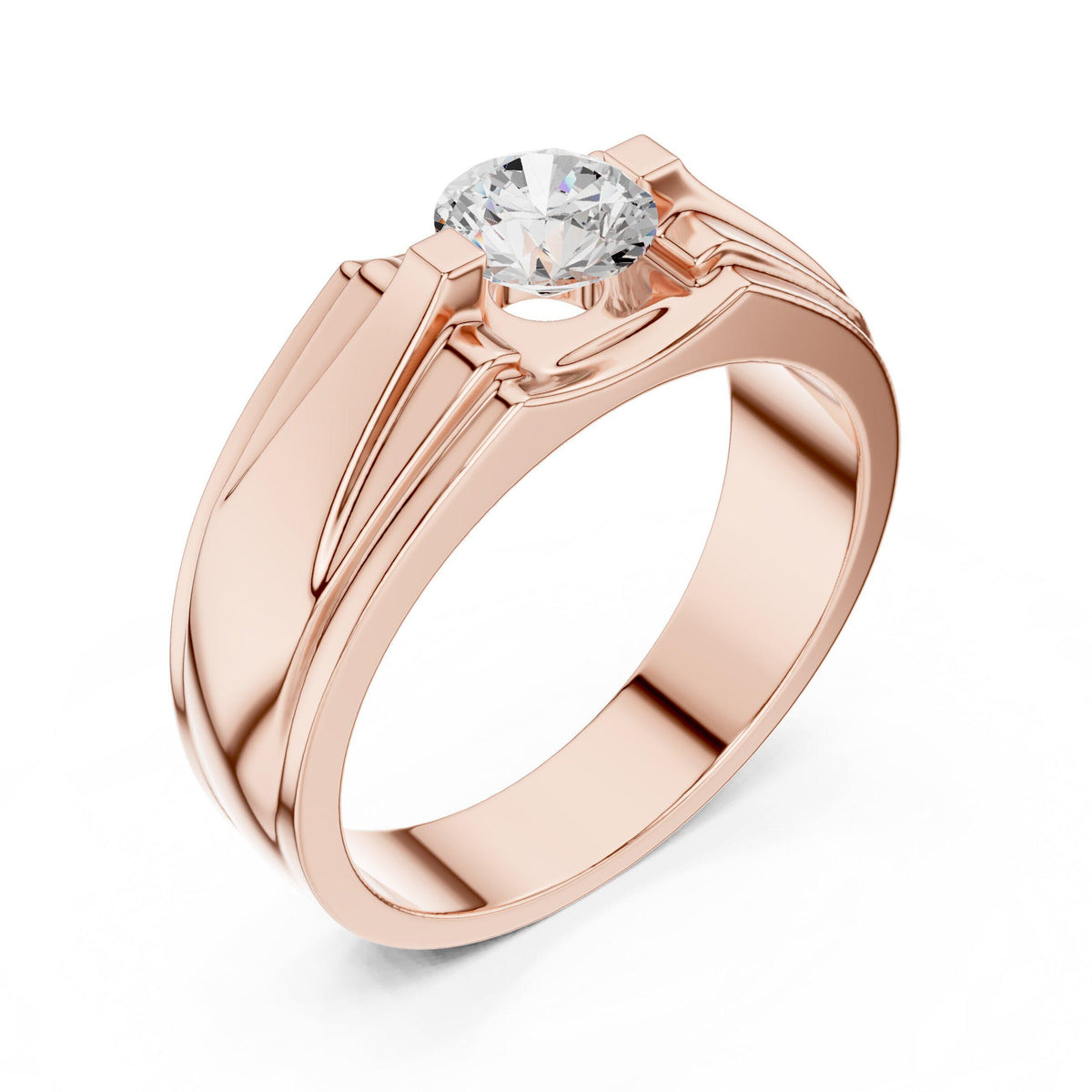 Men's Round Moissanite Ring, Stepped Square Setting – 925 Sterling Silver, 18K Gold Vermeil