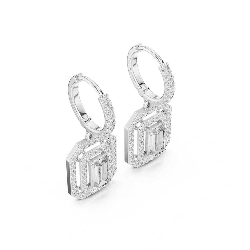 Emerald-Cut Moissanite Double-Halo Drop Earrings – 925 Sterling Silver, 18K Gold Vermeil