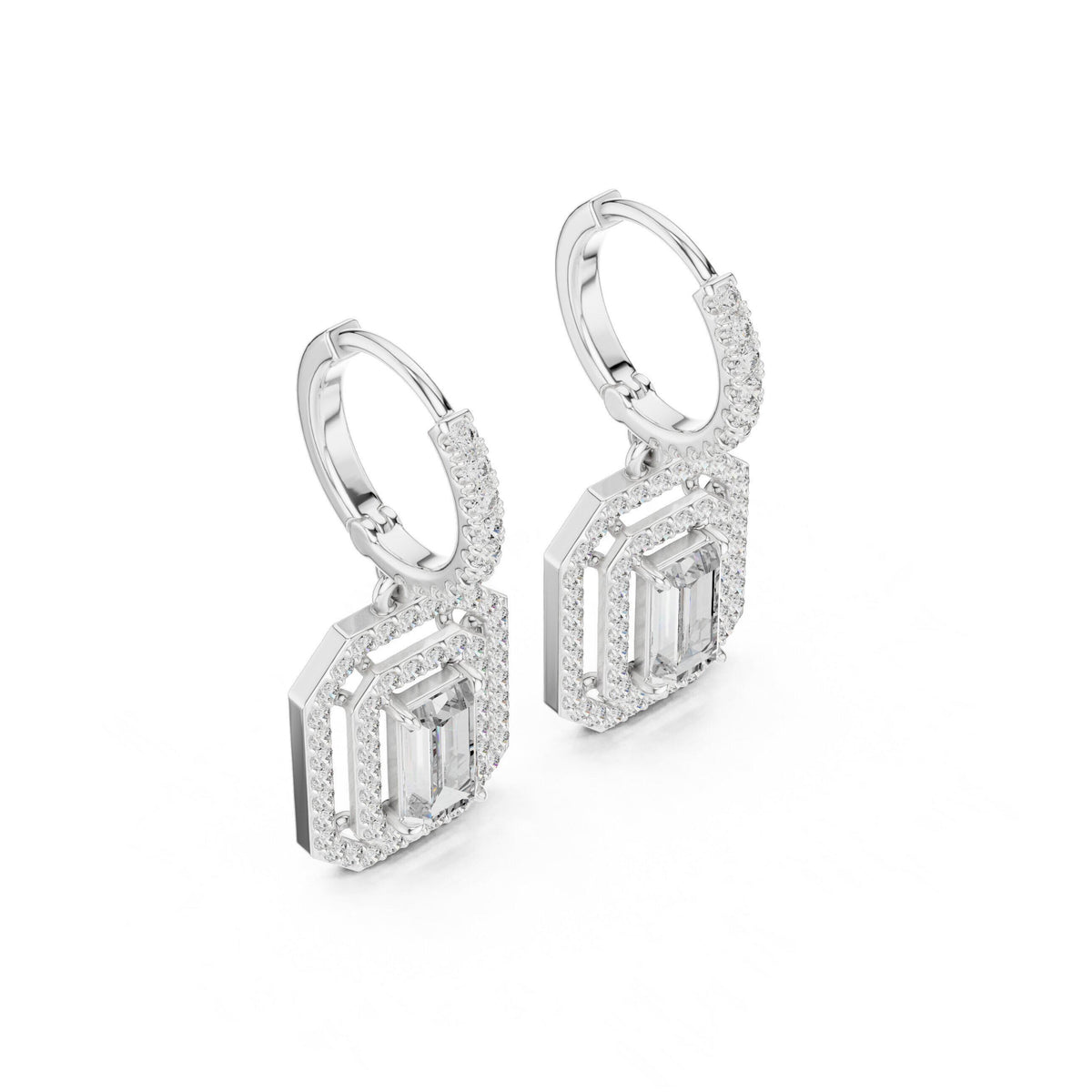 Emerald-Cut Moissanite Double-Halo Drop Earrings – 925 Sterling Silver, 18K Gold Vermeil