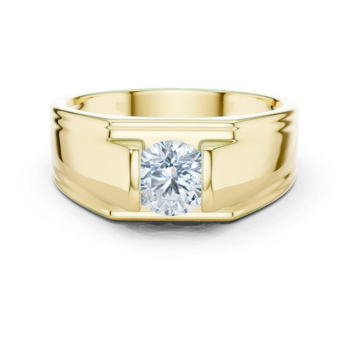 Men's Round Moissanite Ring, T-Setting with Ridged Band – 925 Sterling Silver, 18K Gold Vermeil