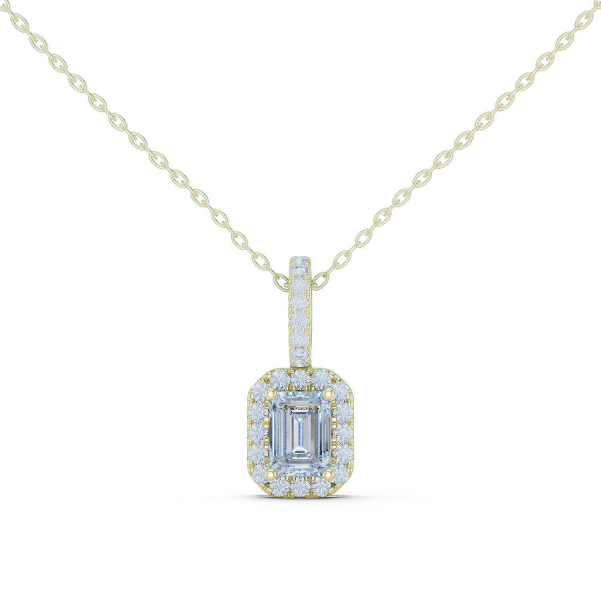 Emerald-Cut Moissanite Halo Pendant Necklace – 925 Sterling Silver, 18K Gold Vermeil