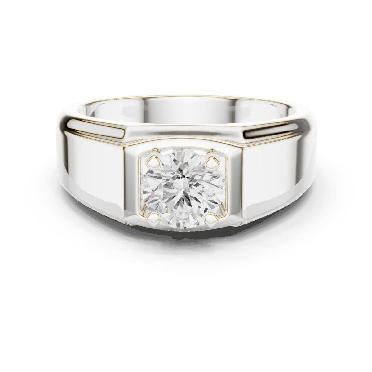 Men's Round Moissanite Ring with Square Frame, Wide Band – 925 Sterling Silver, 18K Gold Vermeil