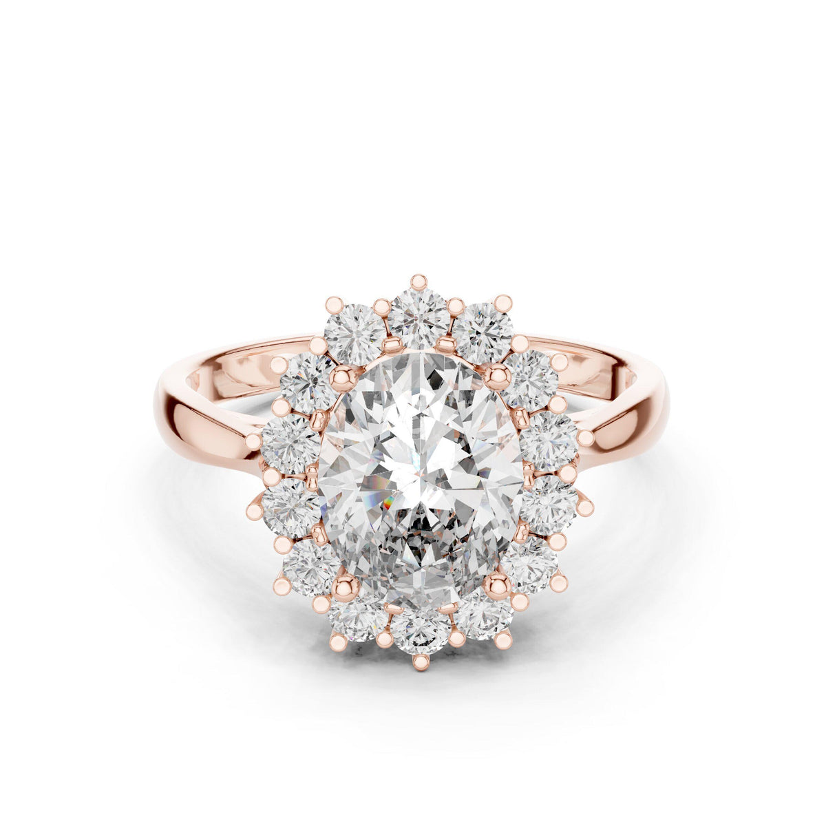 Oval Moissanite Floral Cluster Halo Ring, 7x9mm – 925 Sterling Silver, 18K Gold Vermeil