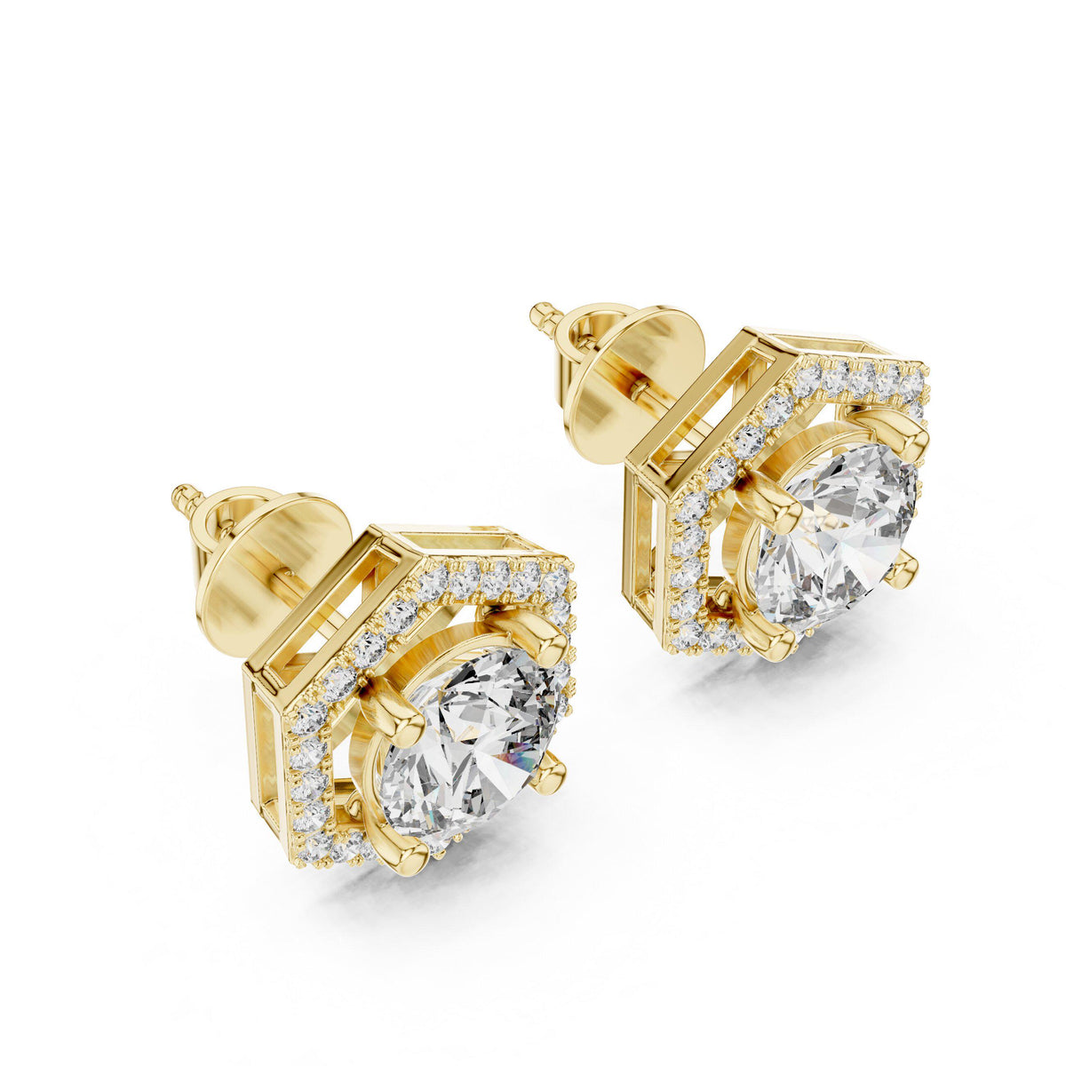 Hexagon Halo Round Moissanite Stud Earrings – 925 Sterling Silver, 18K Gold Vermeil