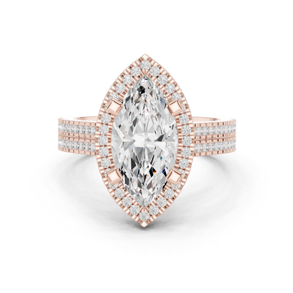 Marquise Moissanite Halo Ring with Triple-Row Pavé Band – 925 Sterling Silver, 18K Gold Vermeil
