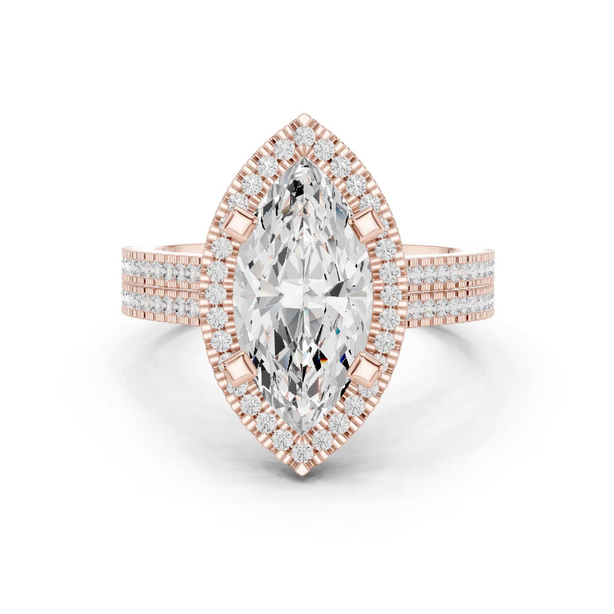 Marquise Moissanite Halo Ring with Triple-Row Pavé Band – 925 Sterling Silver, 18K Gold Vermeil