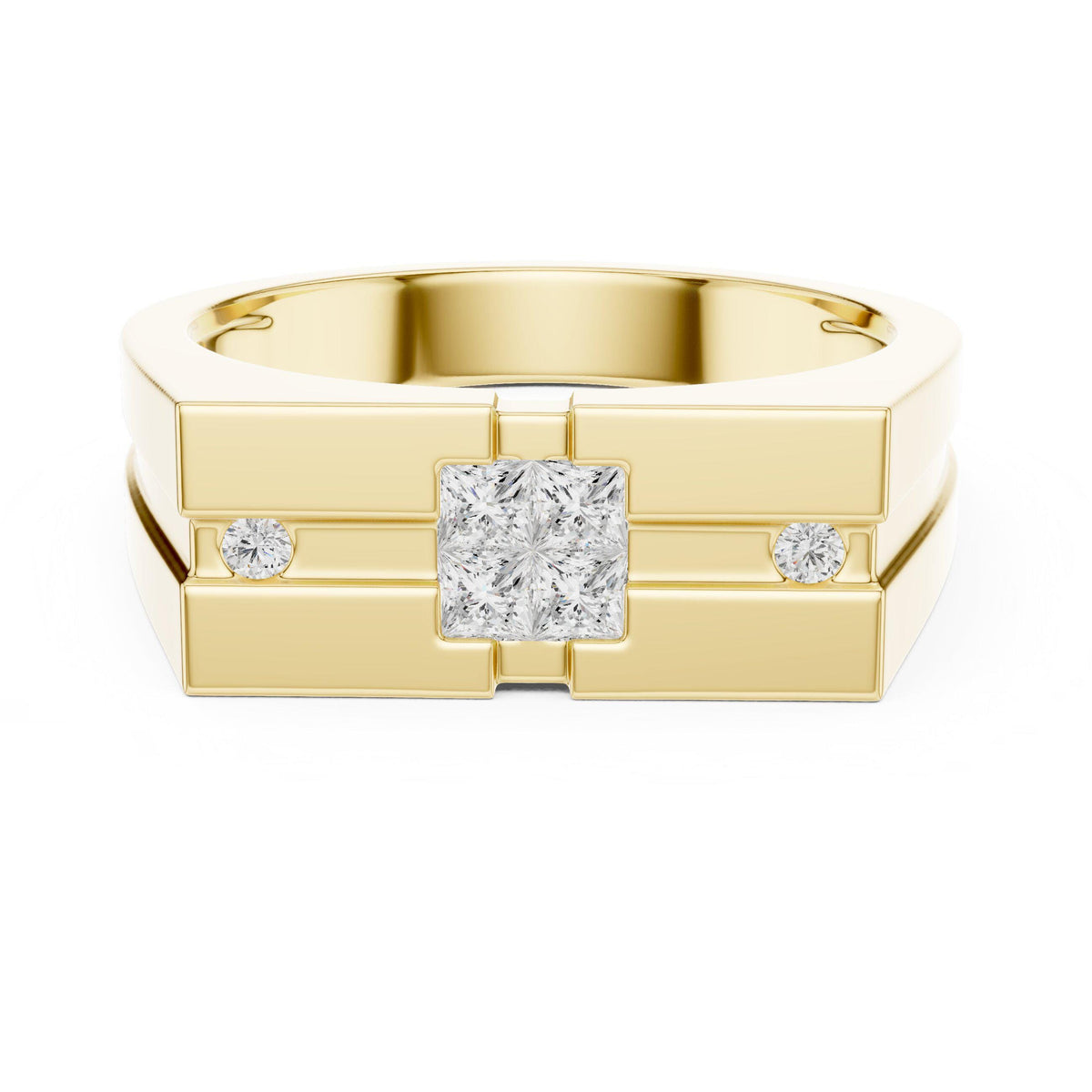 Men's Stepped-Band Moissanite Ring with Square Cluster – 925 Sterling Silver, 18K Gold Vermeil