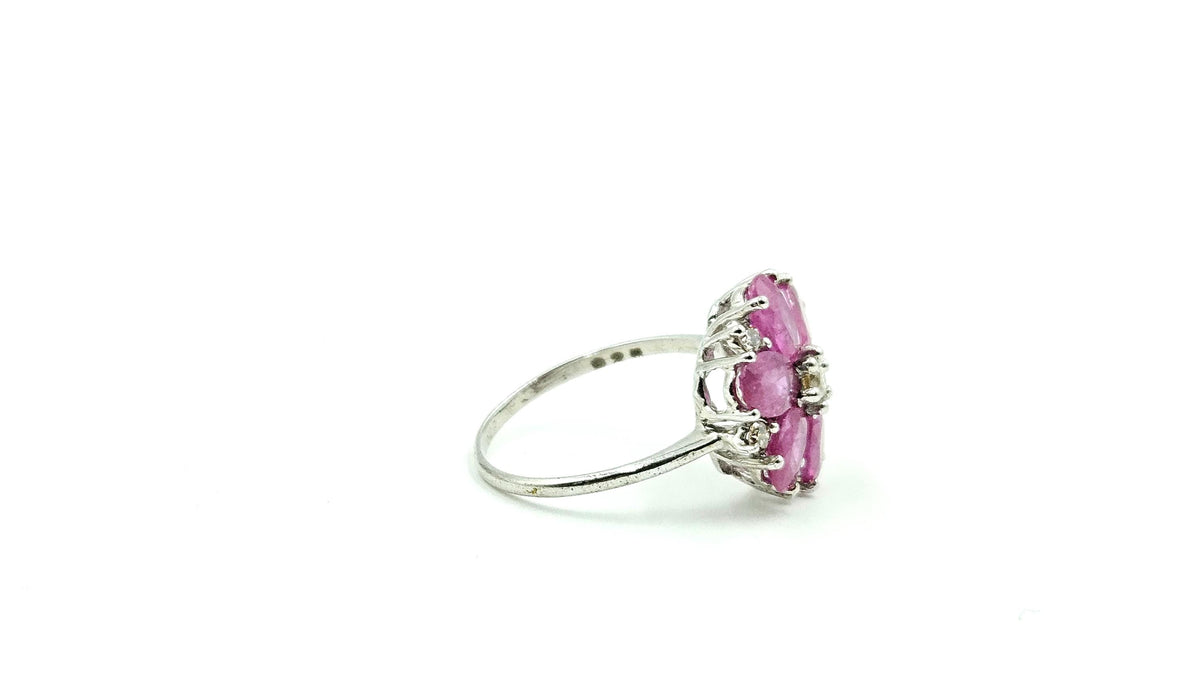 Oval Ruby Flower Cluster Ring with Diamond Centre – 925 Sterling Silver, 18K White Gold Vermeil