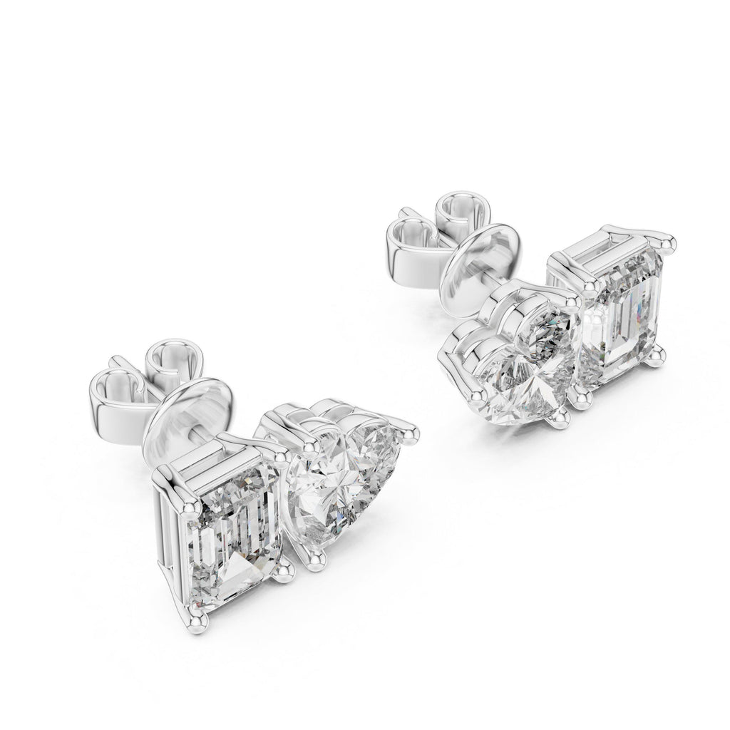 Heart & Emerald-Cut Moissanite Toi et Moi Stud Earrings – 925 Sterling Silver, 18K Gold Vermeil