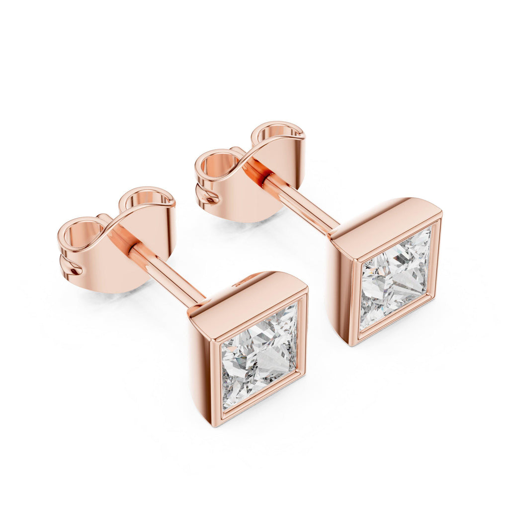 Princess Moissanite Bezel Stud Earrings – 925 Sterling Silver, 18K Gold Vermeil