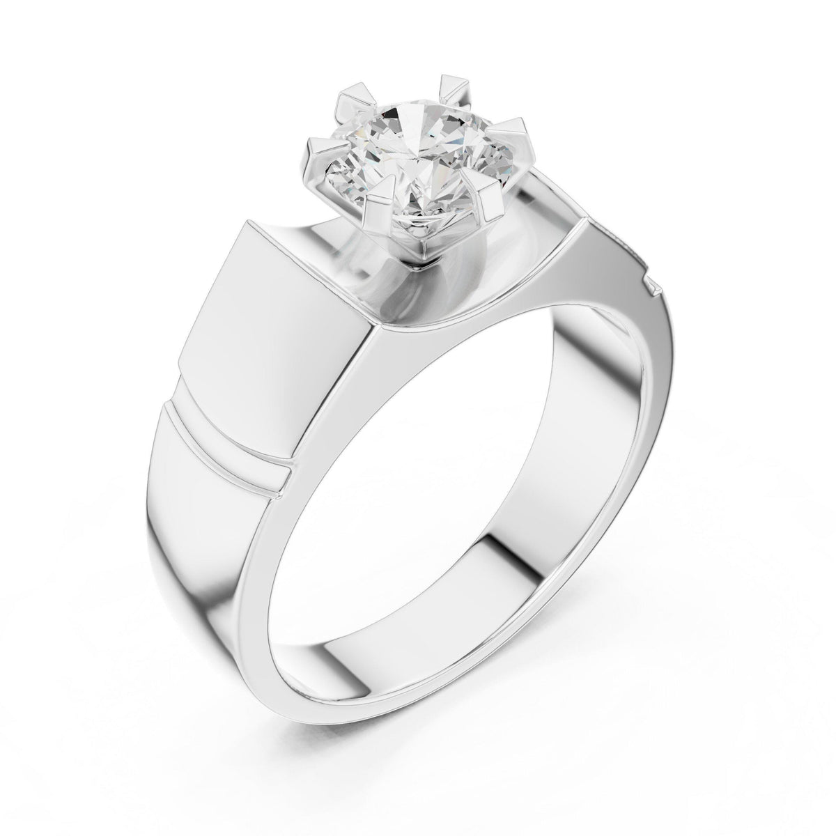 Men's Round Moissanite Ring, Angular Stepped Band – 925 Sterling Silver, 18K Gold Vermeil