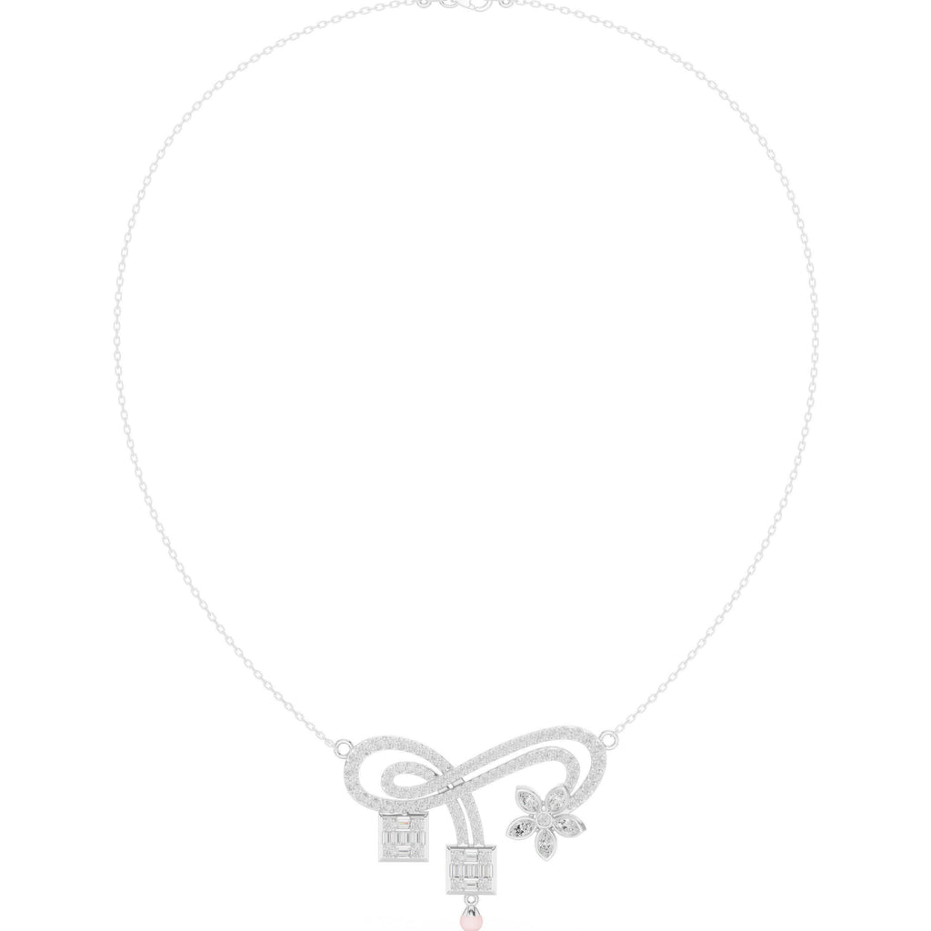 Moissanite Pavé Flower & Baguette Drop Necklace – 925 Sterling Silver, 18K Gold Vermeil