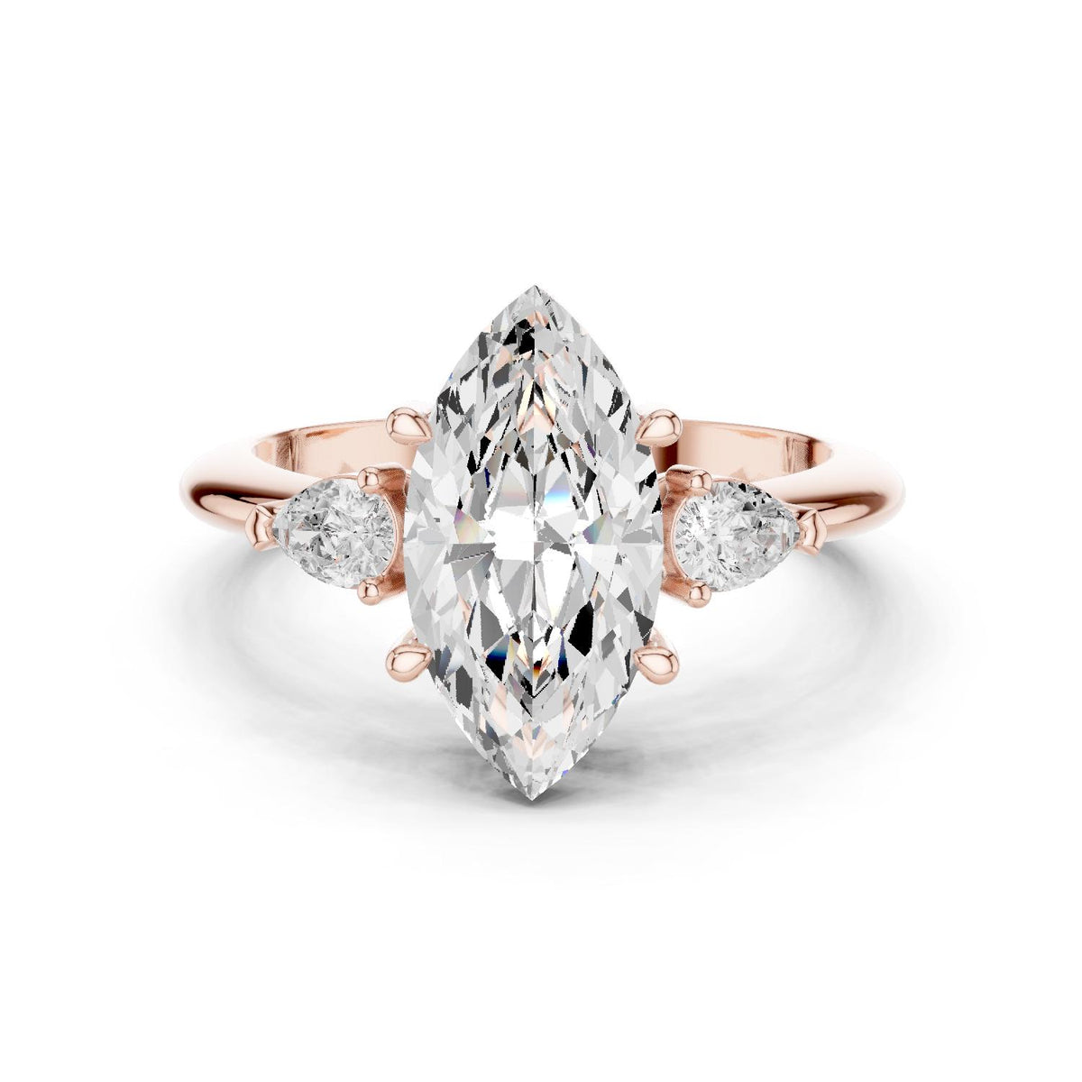 Marquise Moissanite Three-Stone Ring with Pear Side Stones – 925 Sterling Silver, 18K Gold Vermeil