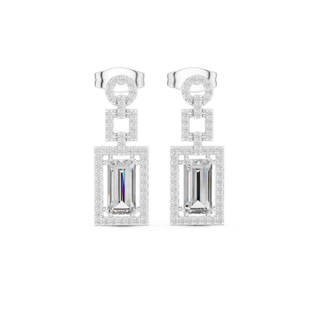 Emerald-Cut Moissanite Geometric Halo Drop Earrings – 925 Sterling Silver, 18K Gold Vermeil