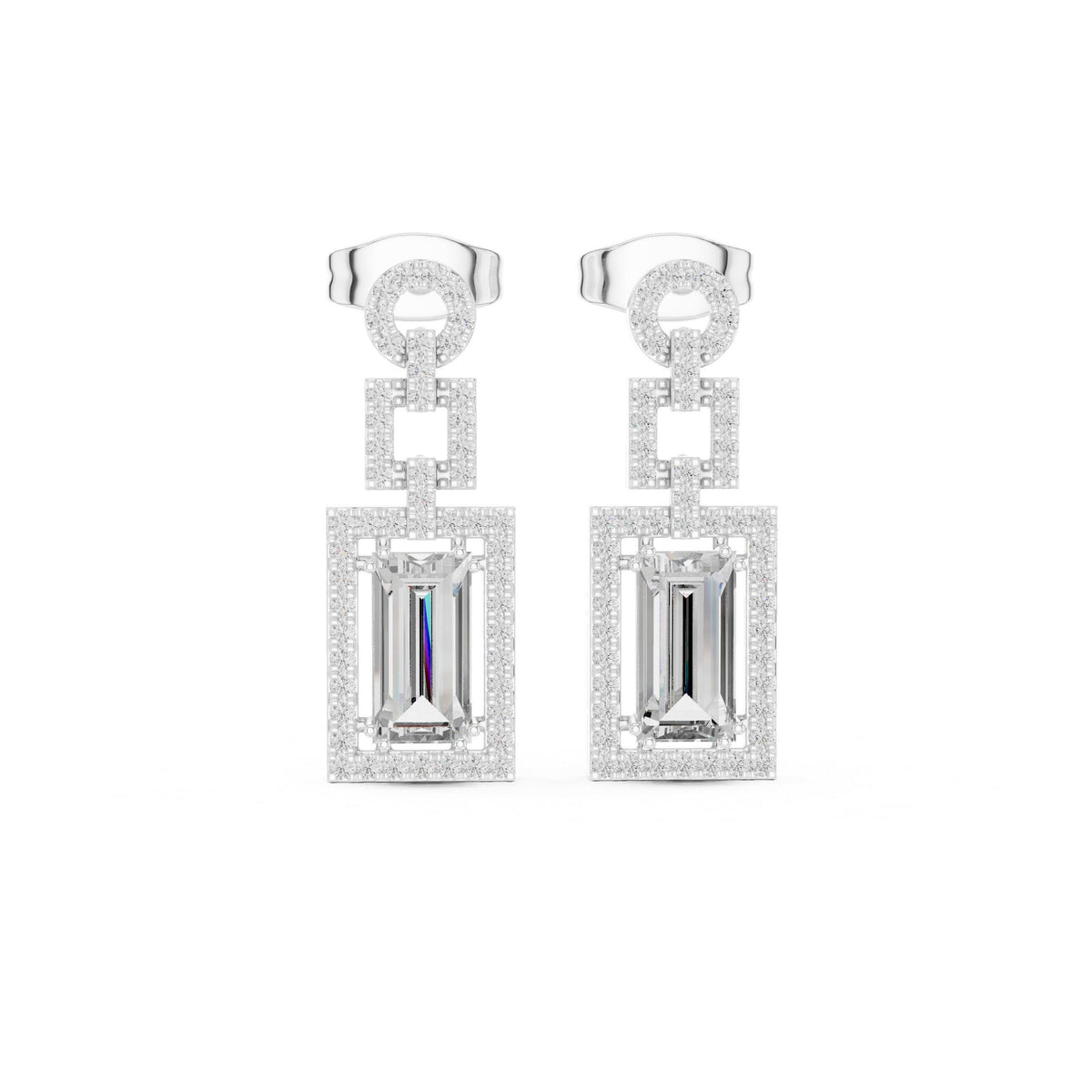 Emerald-Cut Moissanite Geometric Halo Drop Earrings – 925 Sterling Silver, 18K Gold Vermeil