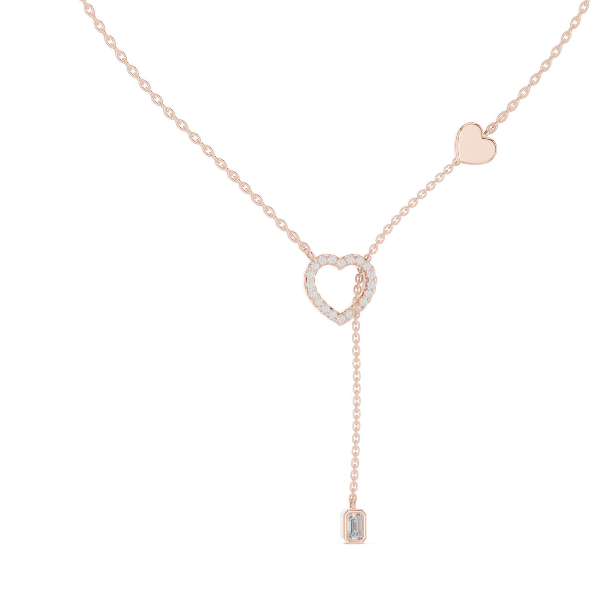 Heart Moissanite Lariat Necklace with Emerald-Cut Drop – 925 Sterling Silver, 18K Gold Vermeil