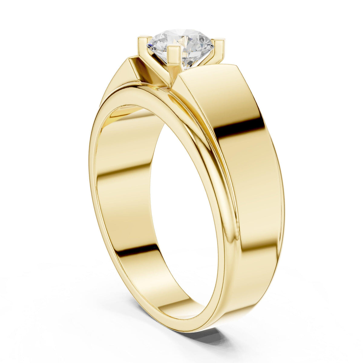 Men's Round Moissanite Four-Prong Ring, Wide Flat Band – 925 Sterling Silver, 18K Gold Vermeil