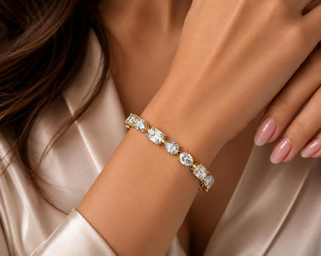 Emerald, Pear & Oval Moissanite Tennis Bracelet – 925 Sterling Silver, 18K Gold Vermeil