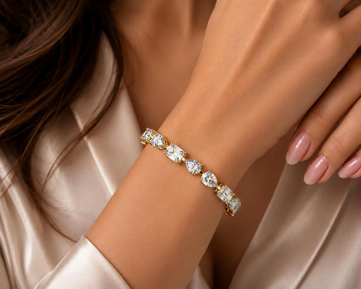 Emerald, Pear & Oval Moissanite Tennis Bracelet – 925 Sterling Silver, 18K Gold Vermeil