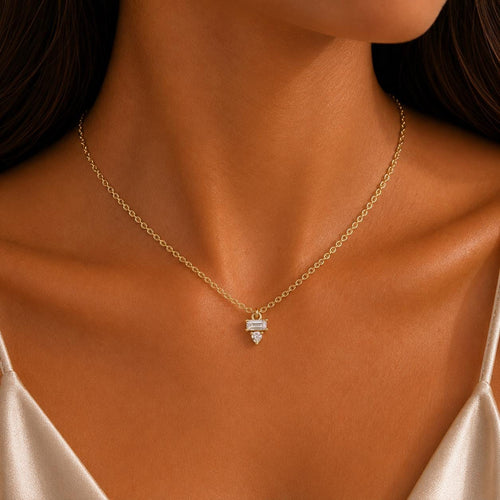 Baguette & Round Moissanite Cluster Charm Necklace – 925 Sterling Silver, 18K Gold Vermeil
