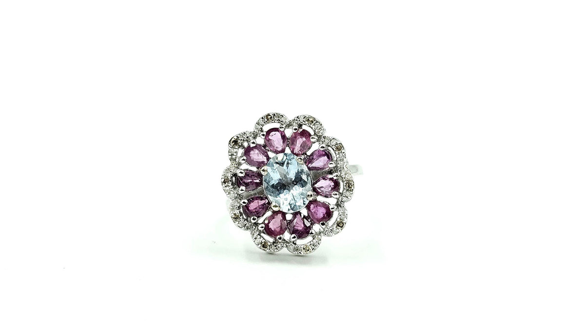 Aquamarine & Ruby Flower Halo Ring with Diamonds – 925 Sterling Silver, 18K White Gold Vermeil
