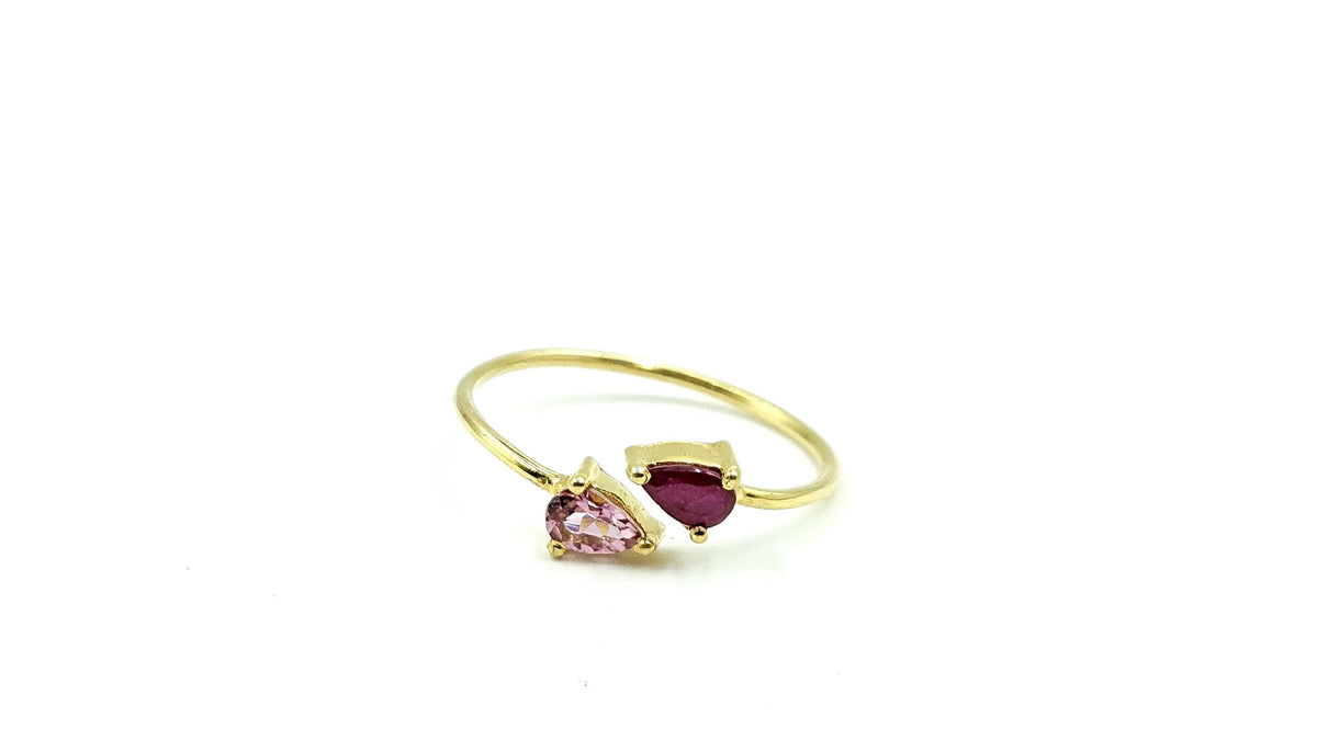 Pear Tourmaline & Ruby Bypass Ring – 925 Sterling Silver, 18K Gold Vermeil