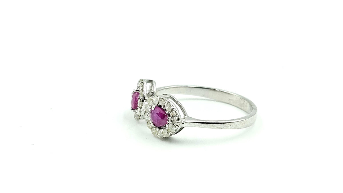 Twin Ruby Halo Open Ring – 925 Sterling Silver, 18K White Gold Vermeil