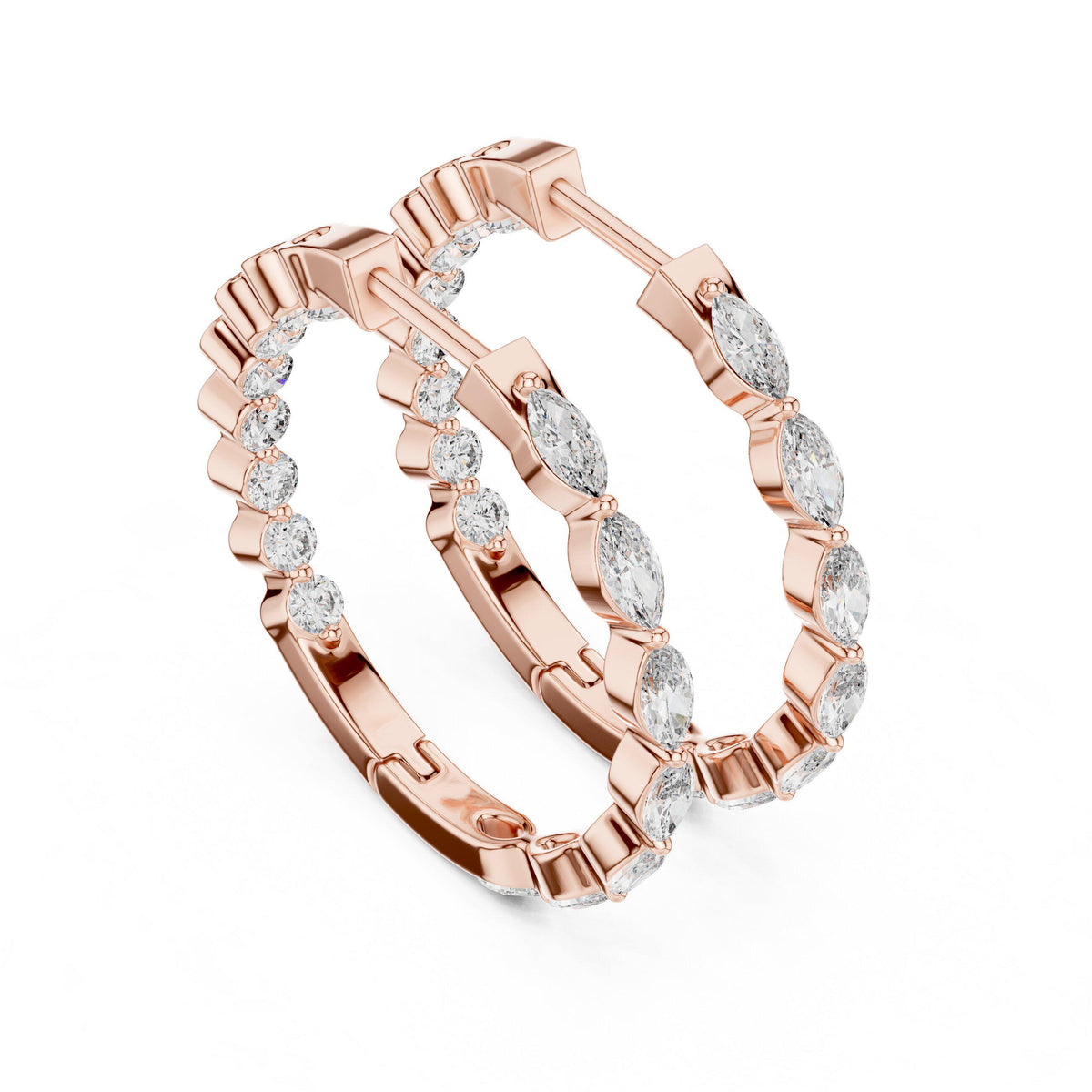 Marquise & Round Moissanite Station Hoop Earrings – 925 Sterling Silver, 18K Gold Vermeil