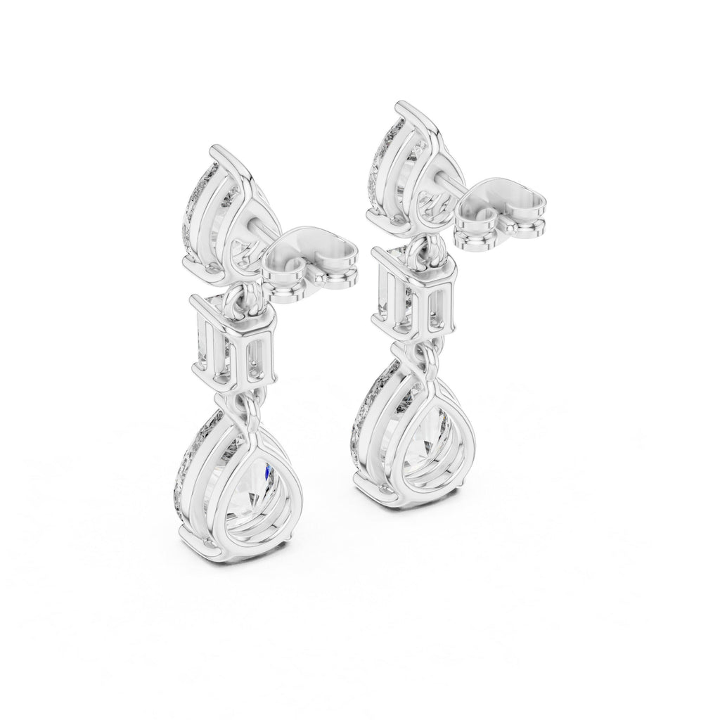 Pear & Emerald-Cut Moissanite Three-Stone Drop Earrings – 925 Sterling Silver, 18K Gold Vermeil