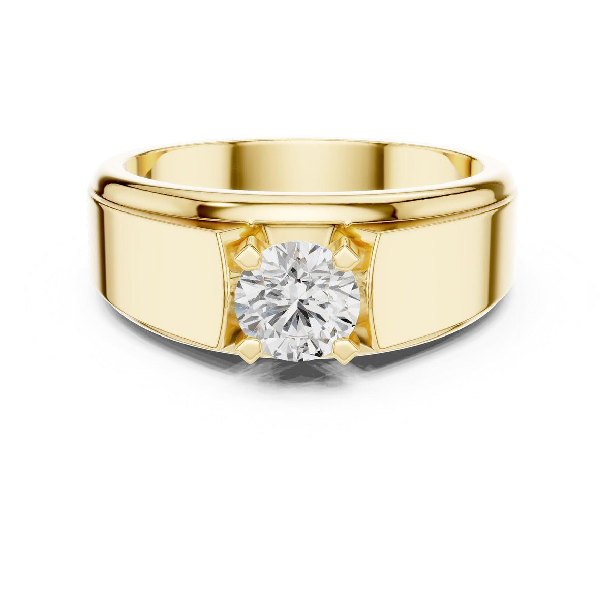 Men's Round Moissanite Four-Prong Ring, Wide Flat Band – 925 Sterling Silver, 18K Gold Vermeil
