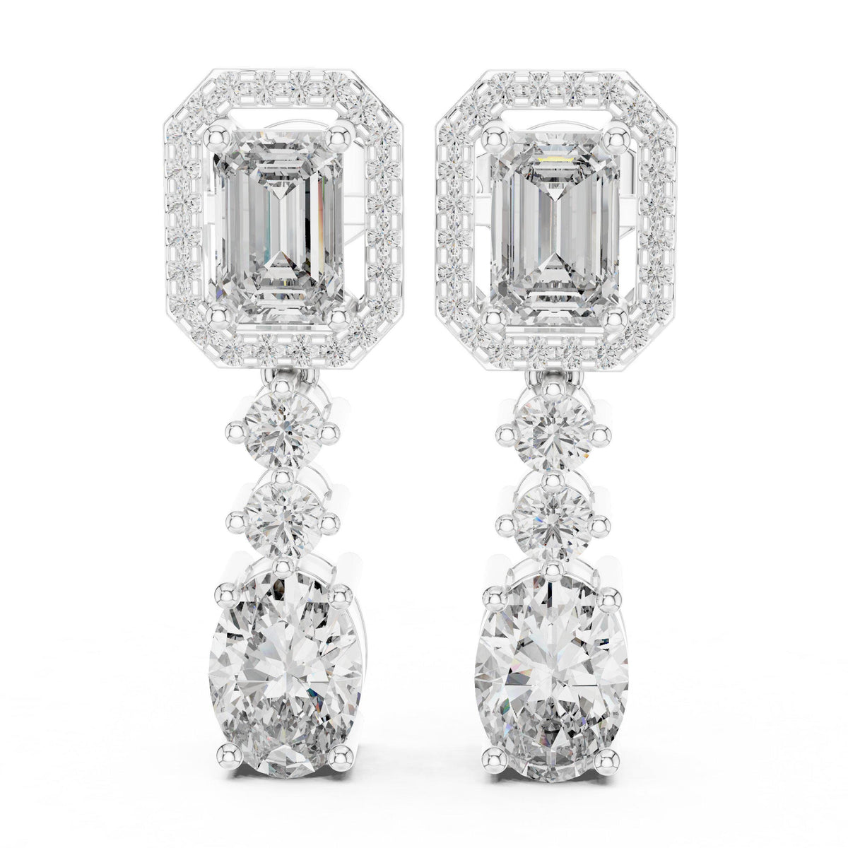Emerald-Cut & Oval Moissanite Halo Drop Earrings – 925 Sterling Silver, 18K Gold Vermeil