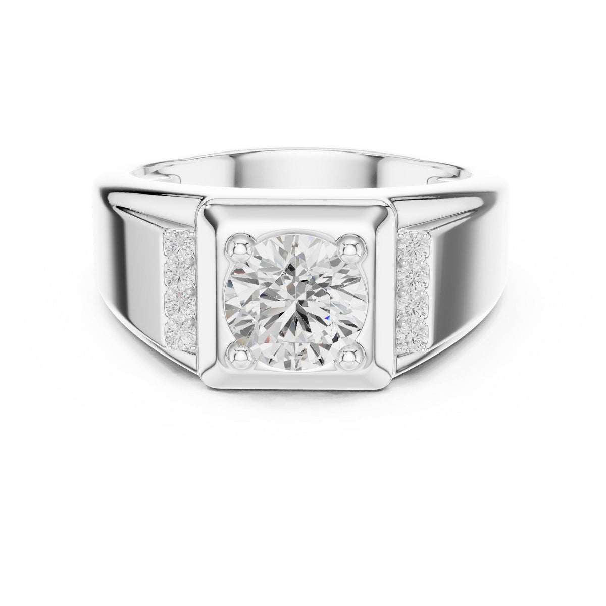 Men's Round Moissanite Ring with Pavé Shoulders – 925 Sterling Silver, 18K Gold Vermeil