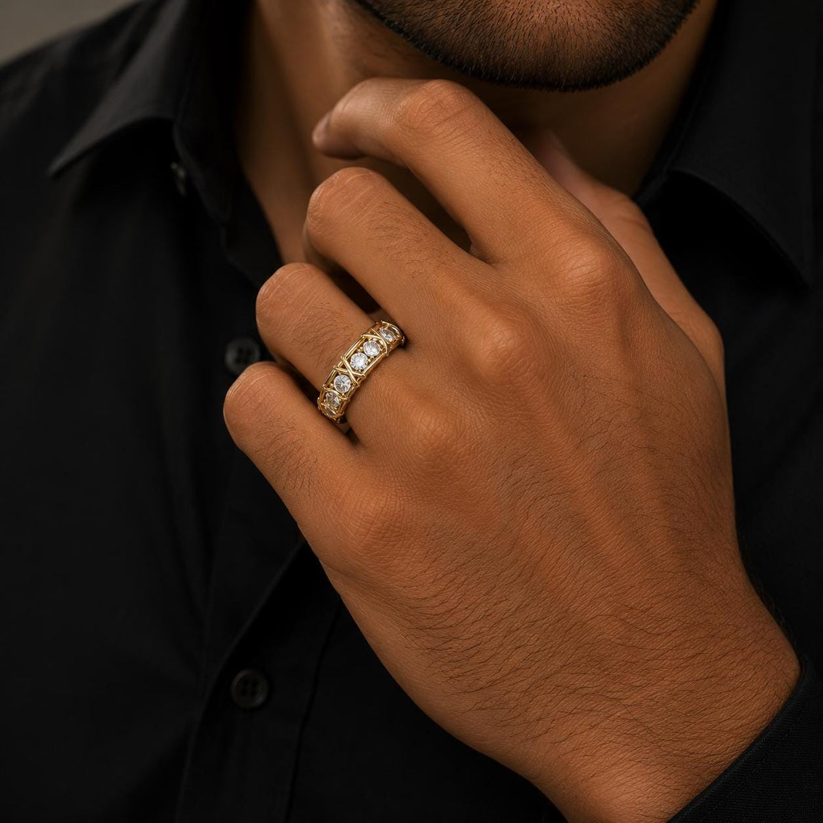 Men's Moissanite Eternity Band, X-Link Design – 925 Sterling Silver, 18K Gold Vermeil