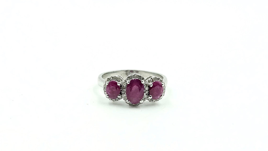 Three-Stone Oval Ruby & Diamond Halo Ring – 925 Sterling Silver, 18K White Gold Vermeil