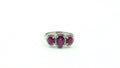 Three-Stone Oval Ruby & Diamond Halo Ring – 925 Sterling Silver, 18K White Gold Vermeil