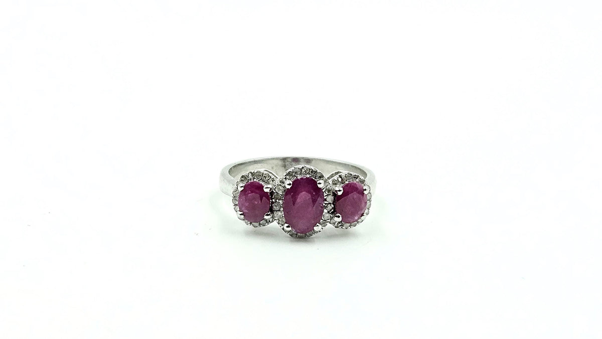 Three-Stone Oval Ruby & Diamond Halo Ring – 925 Sterling Silver, 18K White Gold Vermeil