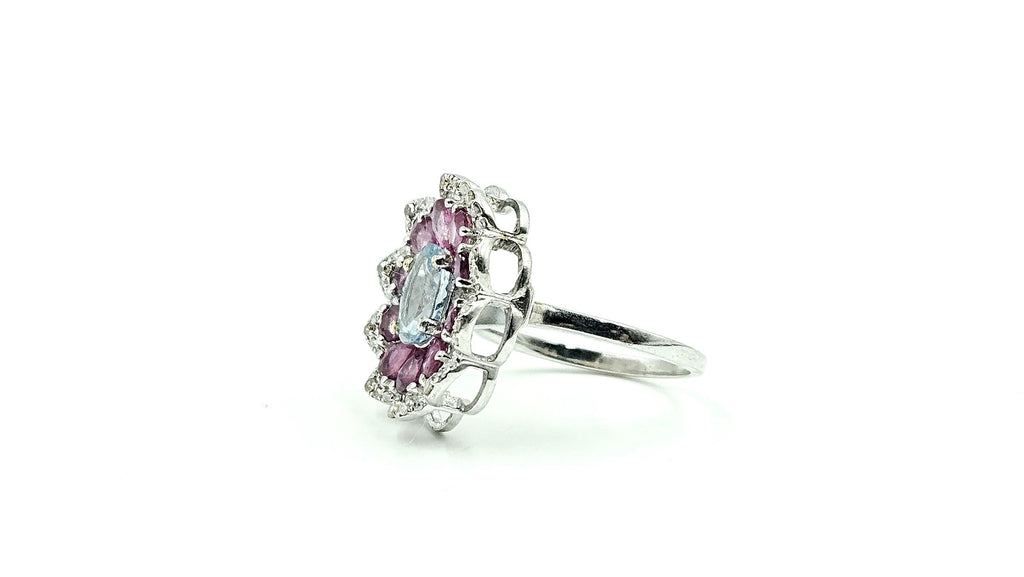 Aquamarine & Ruby Flower Halo Ring with Diamonds – 925 Sterling Silver, 18K White Gold Vermeil