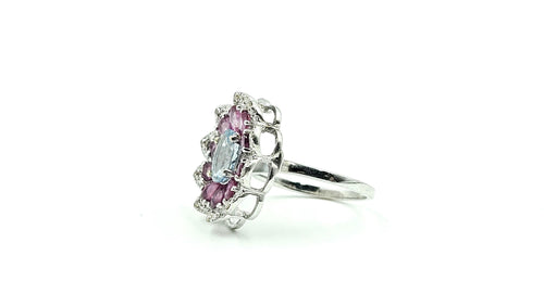 Aquamarine & Ruby Flower Halo Ring with Diamonds – 925 Sterling Silver, 18K White Gold Vermeil