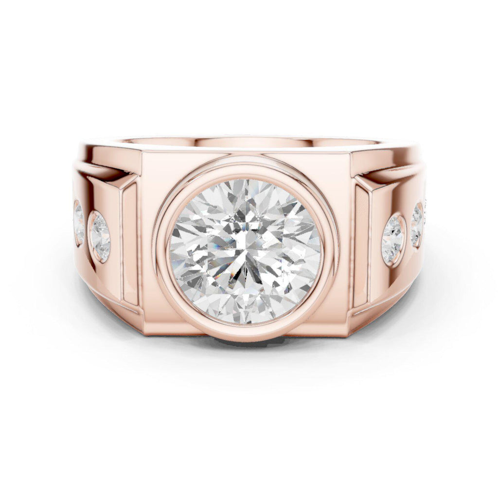 Men's Round Bezel-Set Moissanite Signet Ring with Side Stones – 925 Sterling Silver, 18K Gold Vermeil