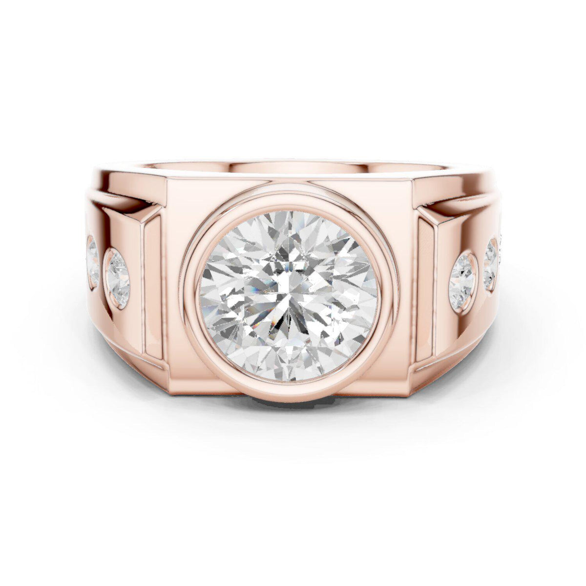 Men's Round Bezel-Set Moissanite Signet Ring with Side Stones – 925 Sterling Silver, 18K Gold Vermeil