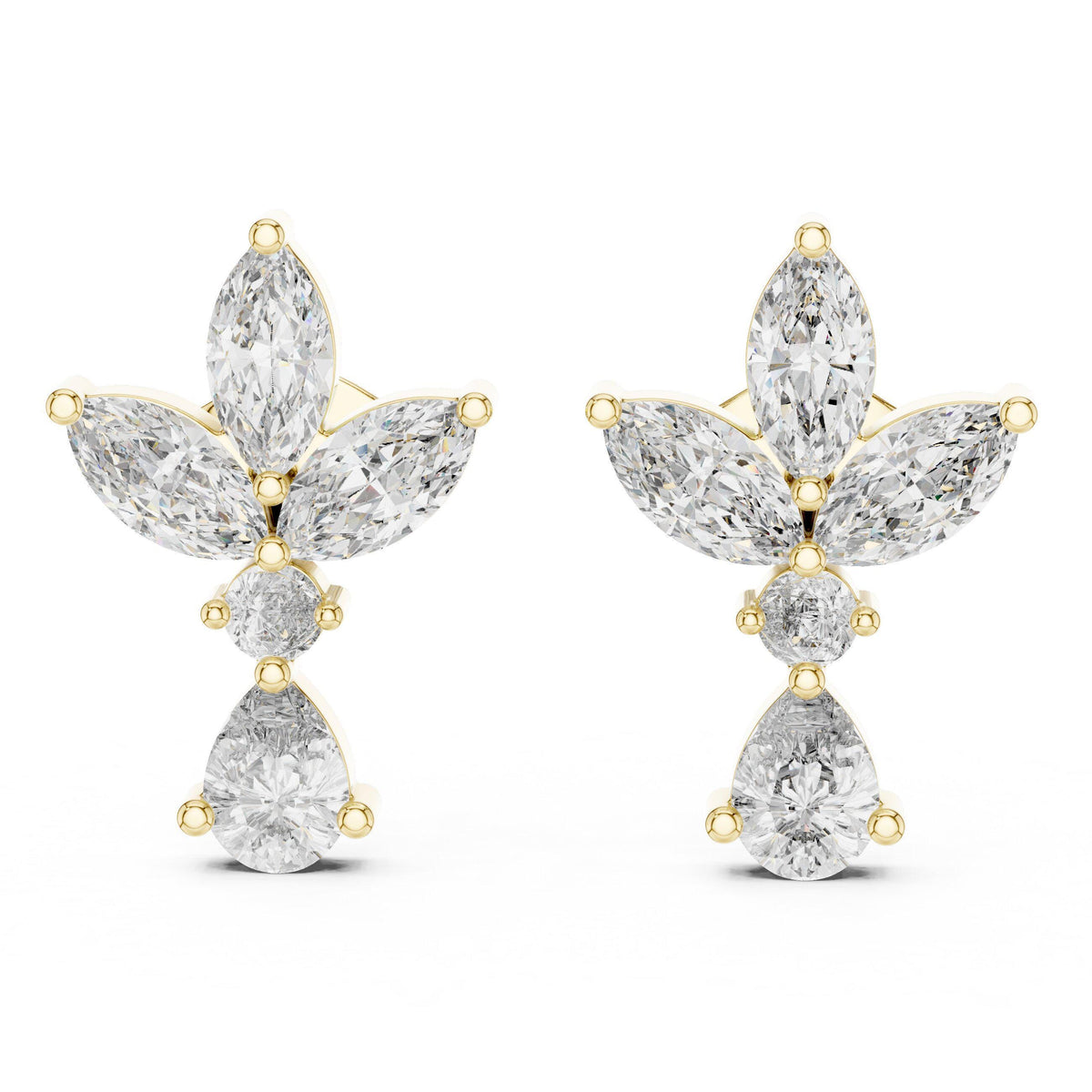 Marquise Moissanite Lotus Drop Earrings – 925 Sterling Silver, 18K Gold Vermeil