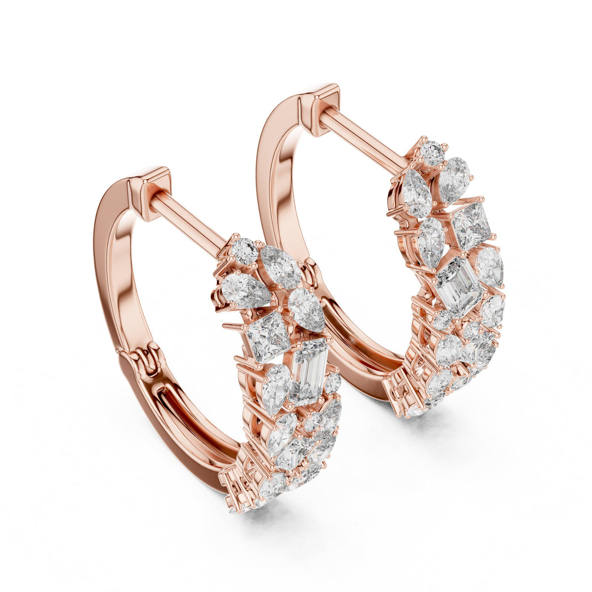 Mixed-Cut Moissanite Cluster Hoop Earrings – 925 Sterling Silver, 18K Gold Vermeil