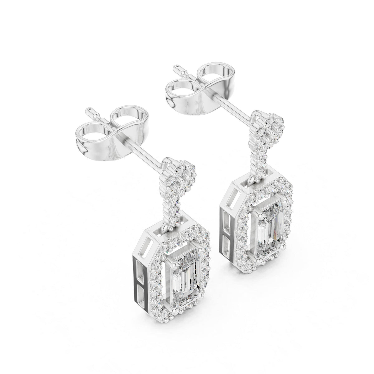 Emerald-Cut Moissanite Octagon Halo Drop Earrings – 925 Sterling Silver, 18K Gold Vermeil