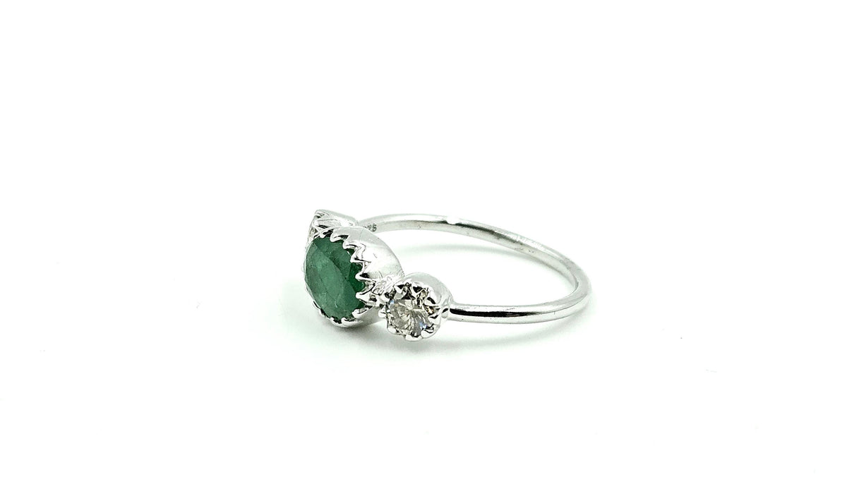 Oval Emerald Three-Stone Ring with Diamonds – 925 Sterling Silver, 18K White Gold Vermeil